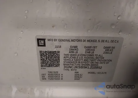 2019 Chevrolet Trax Ls z USA, uszkodzony, nr VIN 3GNCJKSB5KL210952